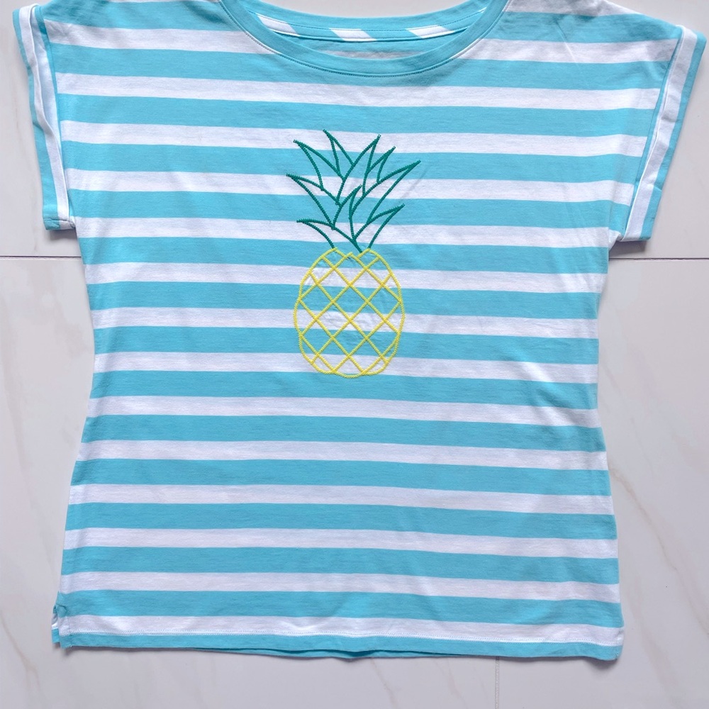 Talbots Aqua and White Striped Short Sleeve Tee